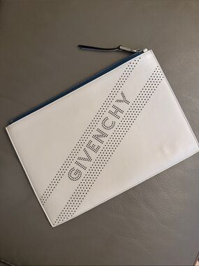 Givenchy White Leather Perforated Logo Pouch with Blue Zip